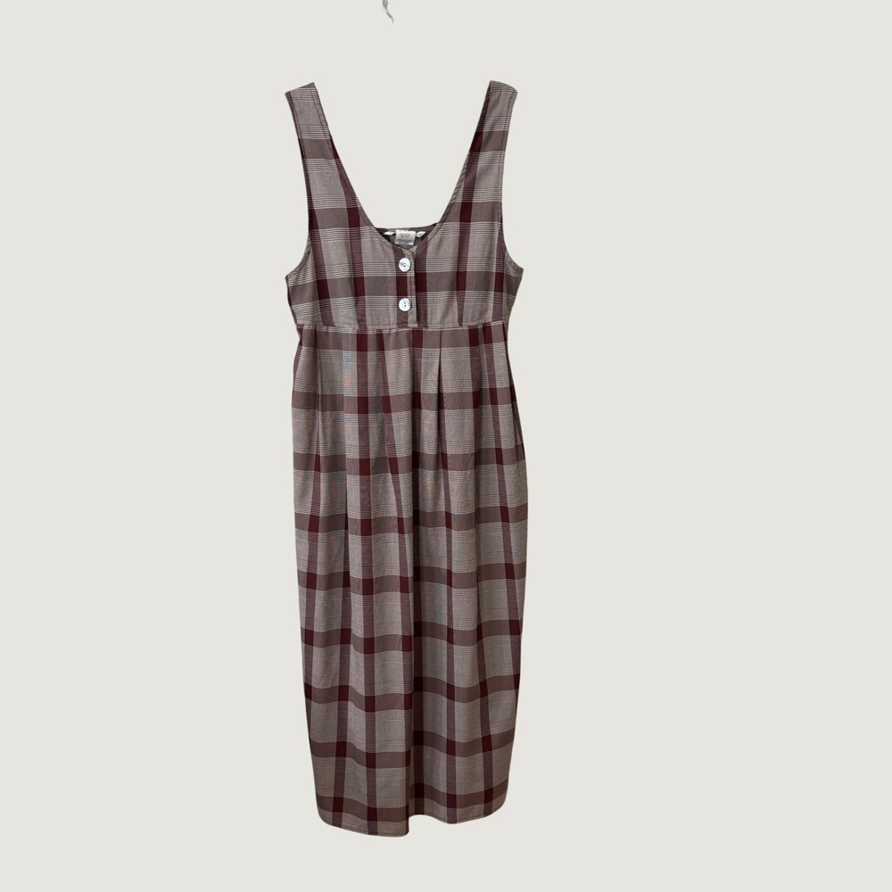 Jonathan Martin Plaid Pinafore Maxi Dress Burgundy Size 13 Vintage Dark Academia